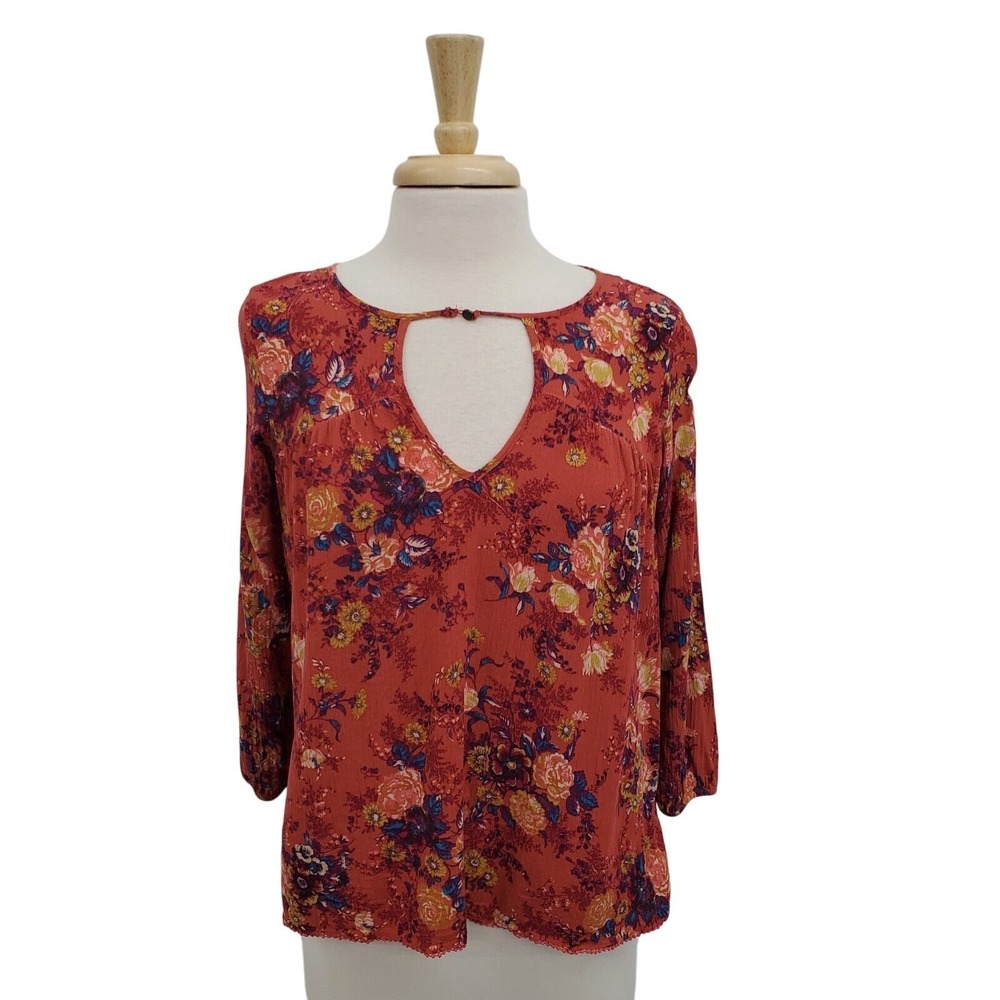 American Eagle Womens S Rust Floral Boho Keyhole Long Sleeve Crinkle Blouse